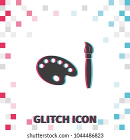 Paint brush with palette  glitch effect vector icon.