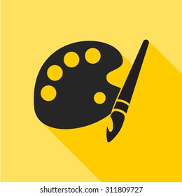 Paint brush with palette icon. Flat design style. On yellow background