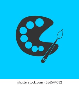 Paint brush with palette icon flat. Simple vector black pictogram on blue background