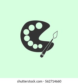 Paint brush with palette icon flat. Grey vector symbol on green background
