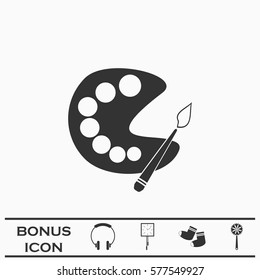 Paint brush with palette icon flat. Black pictogram on white background. Vector illustration symbol and bonus button