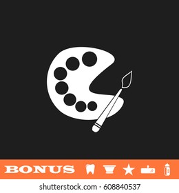 Paint brush with palette icon flat. White pictogram on black background. Vector illustration symbol and bonus button tooth, vase, star, mirror, bottle