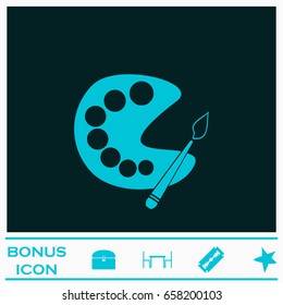Paint brush with palette icon flat. Blue pictogram on dark background. Vector illustration symbol and bonus icons