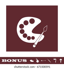 Paint brush with palette icon flat. White pictogram on brown background. Vector illustration symbol and bonus icons