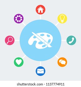 Paint brush with palette vector icon. Bonus icons: house, light bulb, phone, speech bubble, email, heart, magnifying glass, settings.