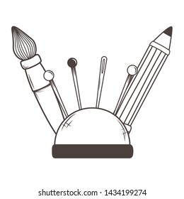 Paint brush pencil and needle of tailor shop design