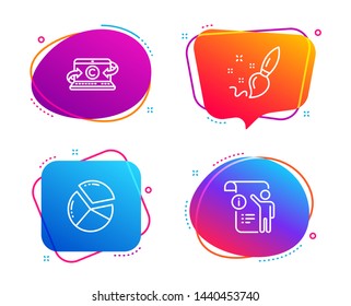 Paint brush, Pie chart and Copywriting notebook icons simple set. Manual doc sign. Creativity, Presentation graph, Writer laptop. Project info. Speech bubble paint brush icon. Vector
