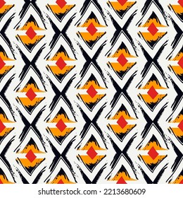 Paint Brush Rhombuses Ornament. Seamless Lozenges Pattern. Hand Drawn Diamonds Backdrop. Tiles Wallpaper. Ethnic Motif. Geometric Background. Aboriginal Image. Geometrical Textile Print. Tribal Vector