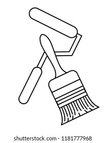 Paint brush and paint roll construction tools in black and white