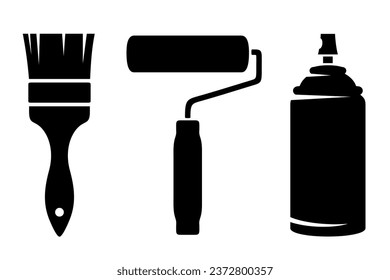 Malerpinsel, Farbwalze und Sprühdose für Aerosole. Satz von schwarzen Silhouetten von Malwerkzeugen einzeln auf weißem Hintergrund. Vektorgrafiken. Handgefertigte Illustration, nicht AI