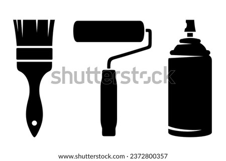 Paint brush, paint roller, and aerosol spray can. Set of black silhouettes of painting tools isolated on a white background. Vector illustrations. Handmade illustration, not AI