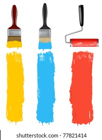 Paint Brush And Paint Roller And Paint Banners. Vector Illustration.