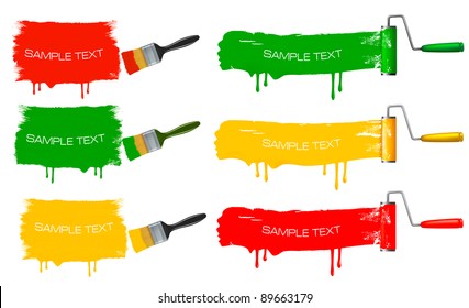 Paint brush and paint roller and paint banners. vector illustration.