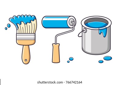 Paint brush, roller and bucket can icons