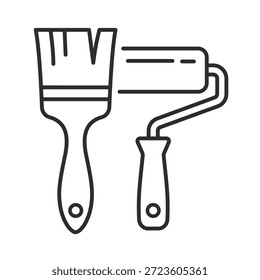 Pincel de pintura e iconos de rodillos. Iconos editables del contorno del trazo para la pintura de la pared, la capa superficial, y la renovación casera.