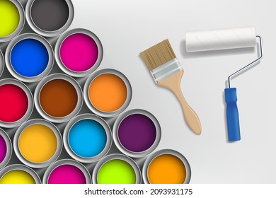 Paint brush with paint roller next to cans with multi colored paint. Vector illustration