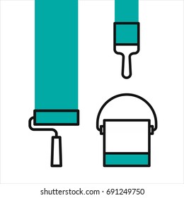 Paint brush, roller and tin simple line icon, vector illustration