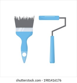 Dibujar pincel y rodillo de pintura.  Herramientas para la renovación de la casa. Icono de ilustración vectorial. 