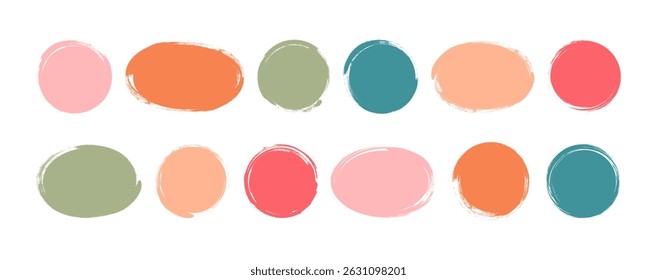 Paint brush round shape, circle and ellipse crayon stain, grunge blob hand drawn, organic irregular chalk form, colorful kid box, rough banner isolated on white bg. Abstract vector illustration