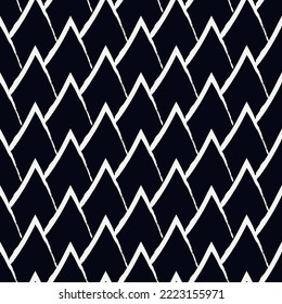 Paint brush scales seamless pattern. Japan traditional ornament. Hand drawn squama. Ethnic embroidery. Repeated scallops. Fish scale. Scallop shapes. Japanese sashiko uroko motif. Vector art.