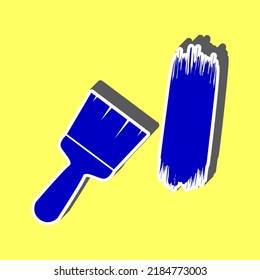 Paint brush sign. Blue Icon with white stroke in 3d at yellow Background. Illustration.