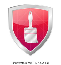 Paint brush silver icon on red shiny shield frame. Vector illustration.