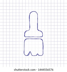 Paint brush, simple icon. Hand drawn picture on paper sheet. Blue ink, outline sketch style. Doodle on checkered background