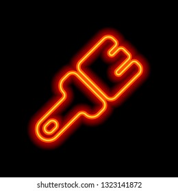 Paint brush, simple icon. Orange neon style on black background. Light icon