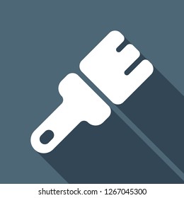 Paint brush, simple icon. White flat icon with long shadow on blue background