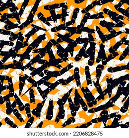 Paint brush smears seamless pattern. Grunge camouflage texture. Brushstrokes spotted print. Freehand design background. Trendy handdrawn ornament. Artistic hand drawn abstract wallpaper