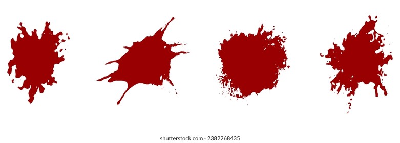 Paint Brush Splash Set. Blood Splatter, Dirty Bloodstain. Horror Red Ink Stain. Drop Spot Collection. Wine Spatter. Abstract Design Element with Grunge Texture. Isolated Vector Illustration.