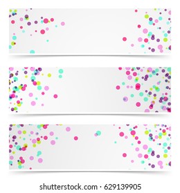 Paint brush splatter merry bright cards set. Holiday web header collection. Colorful confetti particle explosion. Vector illustration