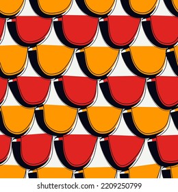 Paint brush squama seamless pattern. Asian traditional ornament. Repeated scallops. Fish scale wallpaper. Web design. Ethnic motif. Geometrical digital paper. Tribal textile print. Vector art work