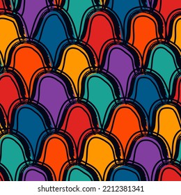 Paint brush squama seamless pattern. Asian traditional ornament. Repeated scallops. Fish scale wallpaper. Web design. Ethnic motif. Geometrical digital paper. Tribal textile print. Vector art work.