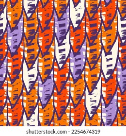 Paint brush squama seamless pattern. Asian traditional ornament. Repeated scallops. Fish scale wallpaper. Bird feather. Ethnic motif. Geometrical digital paper. Tribal textile print. Vector art work