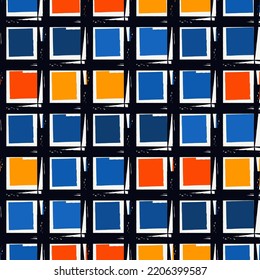 Malerische Pinselquadrate, Hintergrund. Nahtloses Muster. Handgezeichnete geometrische Ornamente. Freehand Hintergrund. Prüft Bildschirmhintergründe des Motivs. Digitales Papier. Textildruck. Webdesign. Abstraktes Bild. Vektorkunst