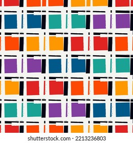 Paint brush squares background. Seamless pattern. Hand drawn geometric ornament. Freehand backdrop. Checks motif wallpaper. Digital paper. Textile print. Web design. Abstract image. Vector art work
