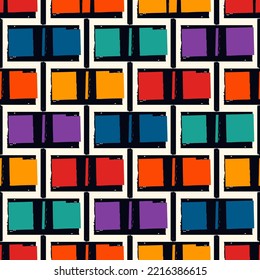 Paint brush squares background. Seamless pattern. Hand drawn geometric ornament. Freehand backdrop. Checks motif wallpaper. Digital paper. Textile print. Web design. Abstract image. Vector art work.