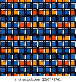 Malerische Pinselquadrate, Hintergrund. Nahtloses Muster. Handgezeichnete geometrische Ornamente. Freehand Hintergrund. Prüft Bildschirmhintergründe des Motivs. Digitales Papier. Textildruck. Webdesign. Abstraktes Bild. Vektorkunst.