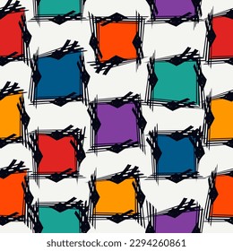 Paint brush squares background. Seamless pattern. Hand drawn geometric ornament. Freehand backdrop. Checks motif wallpaper. Digital paper. Textile print. Web design. Abstract image. Vector artwork.
