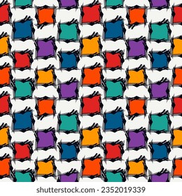 Paint brush squares background. Seamless pattern. Hand drawn geometric ornament. Freehand backdrop. Checks motif wallpaper. Digital paper. Textile print. Web design. Abstract image. Vector artwork.