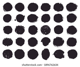 Paint brush stains and ink blots of circle shapes for frame, banner, label, text box, clipping masks or other art design. Vector grunge textures isolated on white backgrounds.