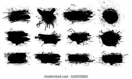 Paint brush stains, ink splashes, strokes and blots of different shapes for frame, banner, label, text box, clipping masks or other art design. Vector grunge texture isolated  on white background.