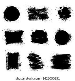 Paint brush stains, ink strokes, splatters and blots of different shapes for frame, banner, label, text box, clipping masks or other art design. Vector grunge textures isolated on white backgrounds.