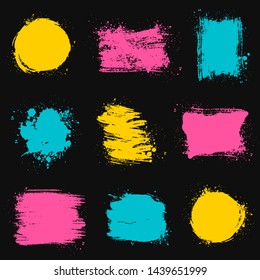 Paint brush stains, strokes, splatters and blots of different shapes and colors for frame, banner, label, text box or other art design. Colorful grunge vector textures isolated on black backgrounds.