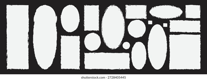  Paint brush stamps. White vector rough edge rectangles on black background. Abstract Design Graphic Element. Isolated Vector Illustration.