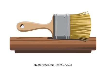 Paint brush with stick for painting work and smooth brush for painting color in palette of foam and fiber brush in wooden brushes on table.