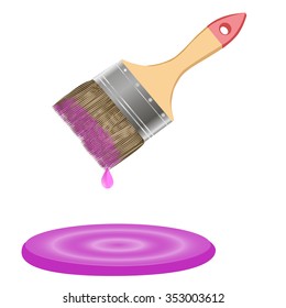 Paint brush with a straw and a puddle of paint on a white background