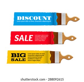 Paint brush and paint stripes. Templates for advertising signs and announcements about discounts. Vector illustration