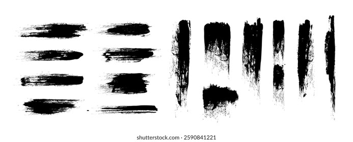 Paint brush strips with rough edges and fading marks on white background. Black smeared streaks with natural ink texture and vertical movement. Grunge elements for urban design or abstract art.